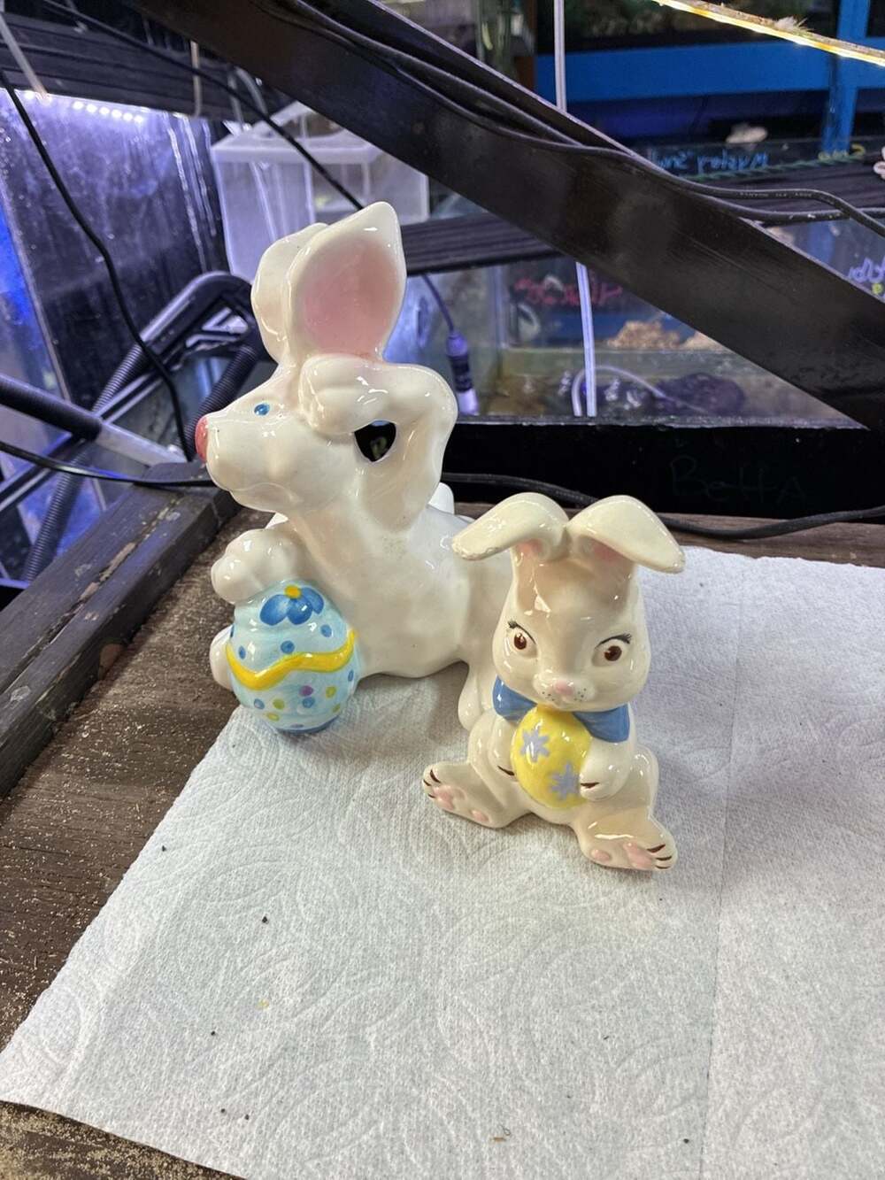 Vintage Ceramic Easter Bunny Figurines Holding Painted Eggs Set of 2